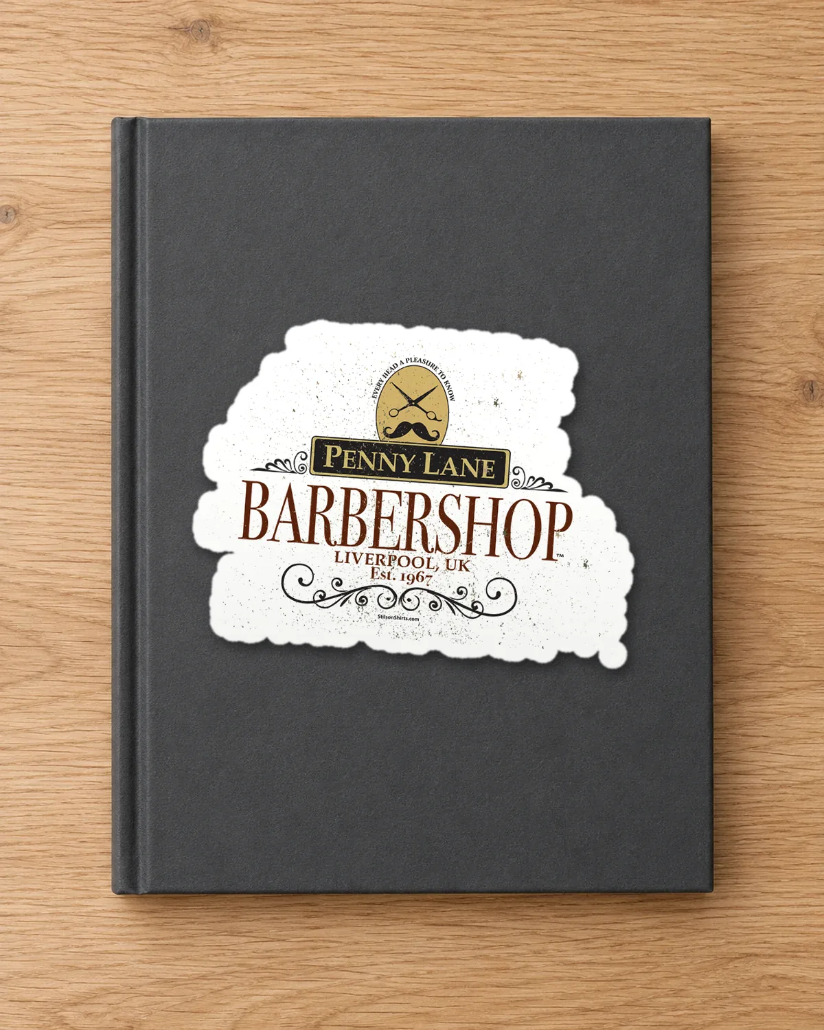 Liverpool Barbershop tee on a die-cut sticker