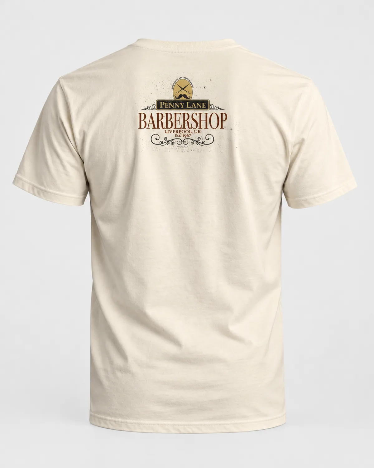 Liverpool Barbershop tee on a natural tee, back view
