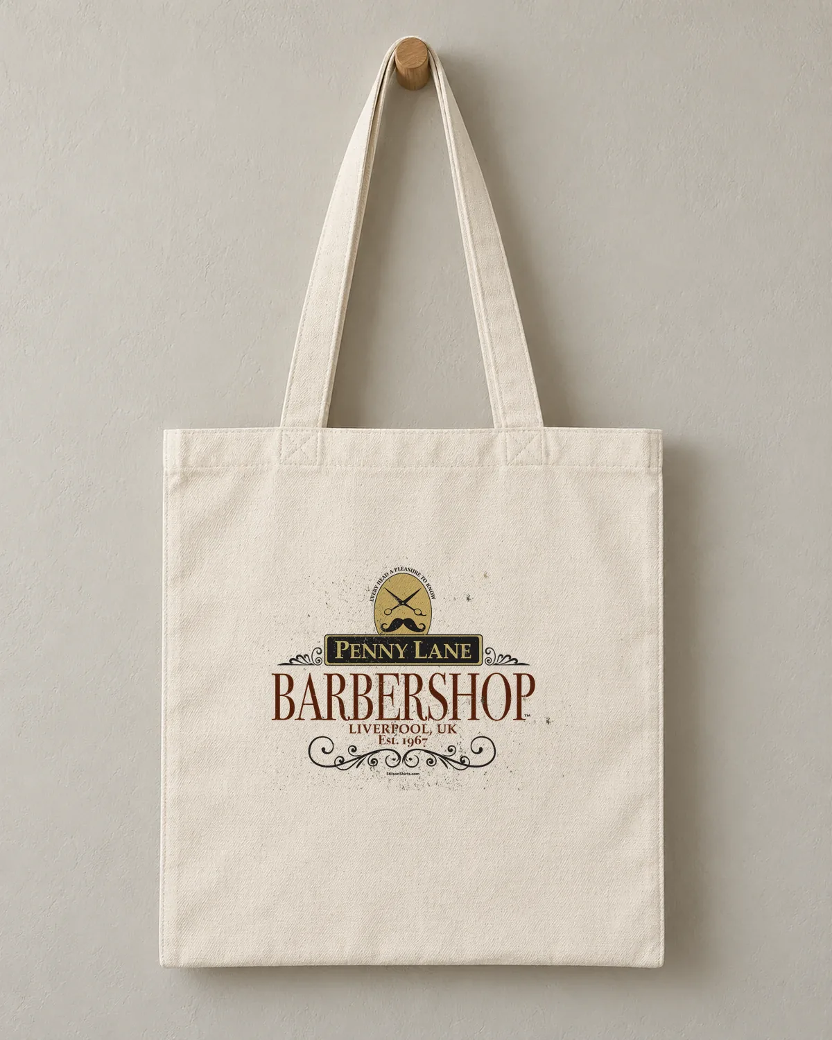 Liverpool Barbershop tee on a cotton tote