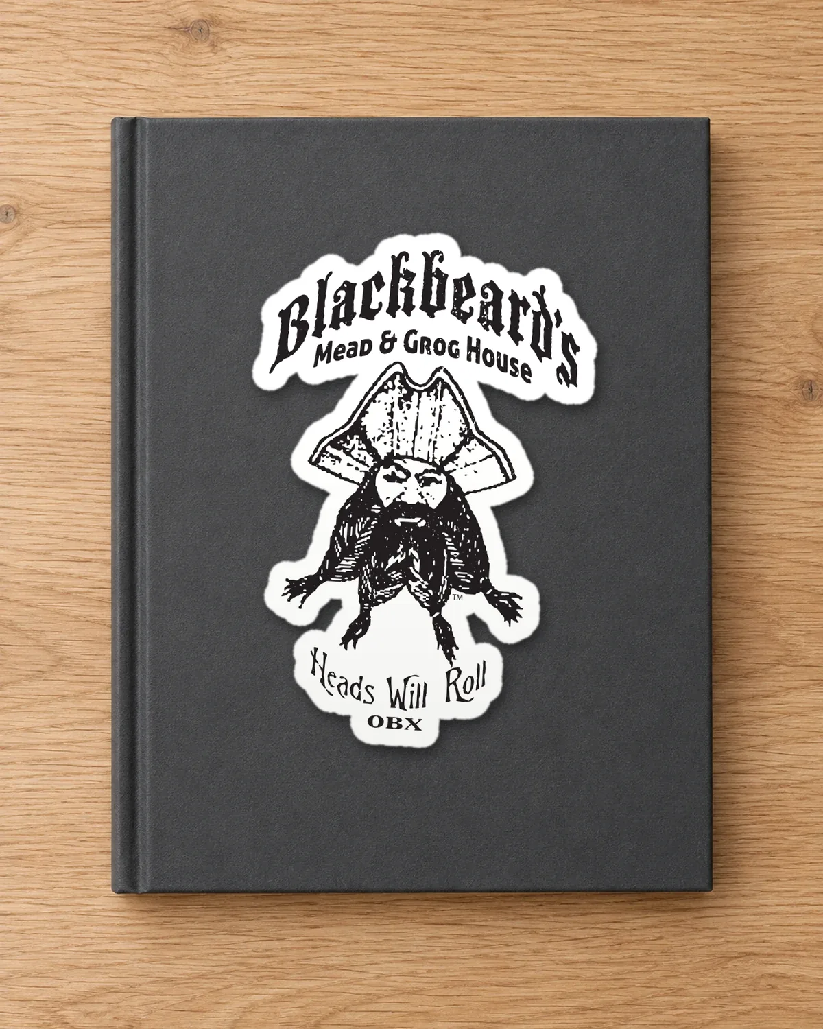 Blackbeard's Mead & Grog House tee on a die-cut sticker