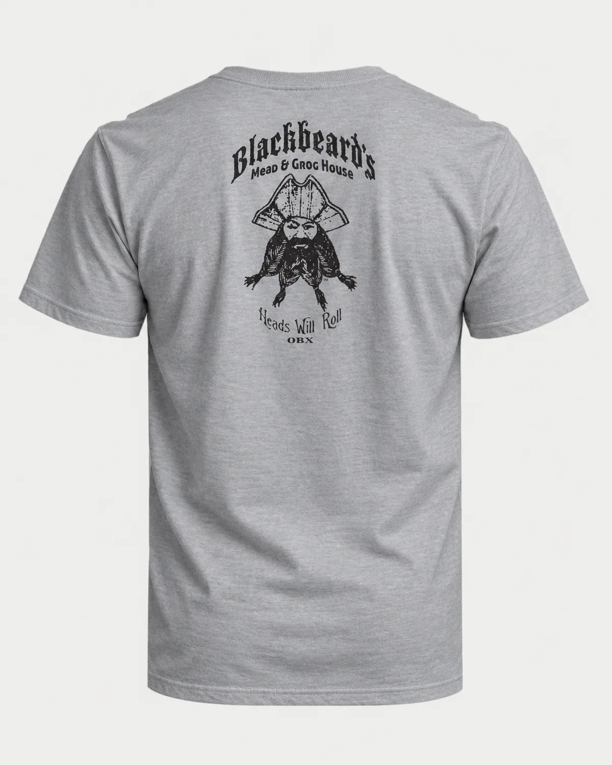 Blackbeard's Mead & Grog House tee on a sport grey tee, back view