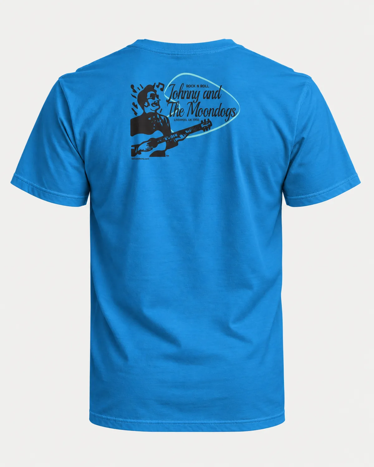 Moondogs Rock & Roll tee on a sapphire tee, back view