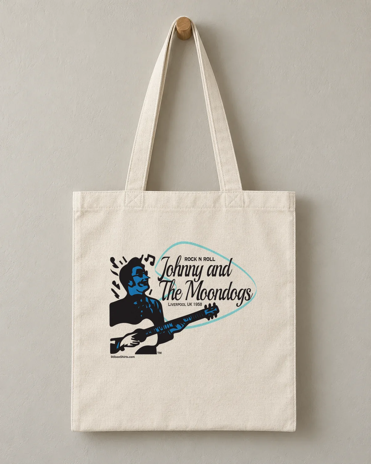 Moondogs Rock & Roll tee on a cotton tote