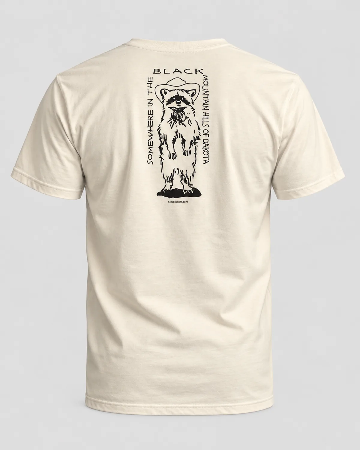 Mountain Raccoon tee on a natural tee, back view