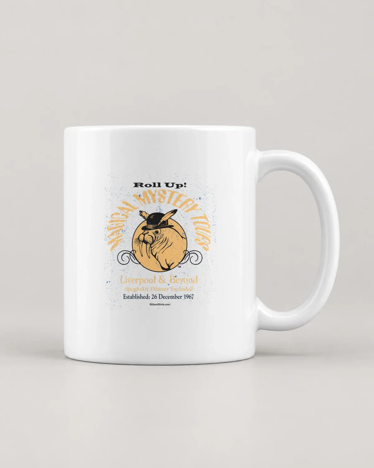 Walrus Mystery Tours tee on a ceramic mug