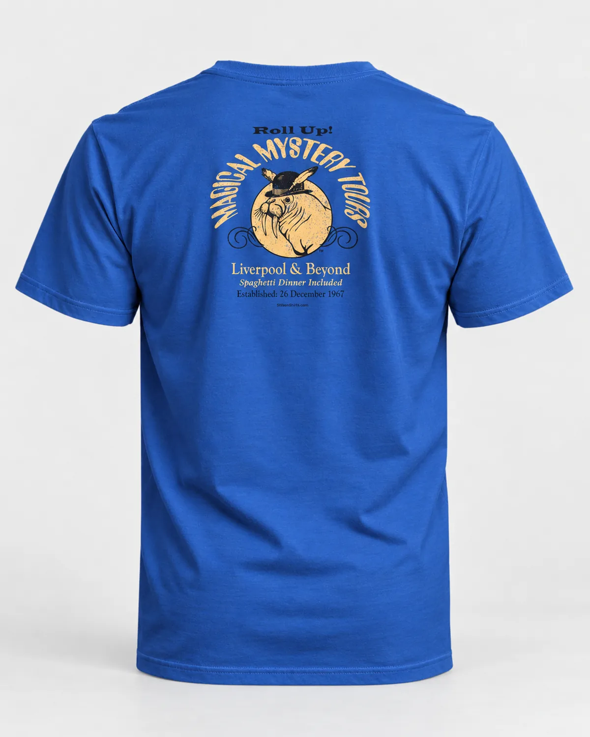 Walrus Mystery Tours tee on a royal tee, back view