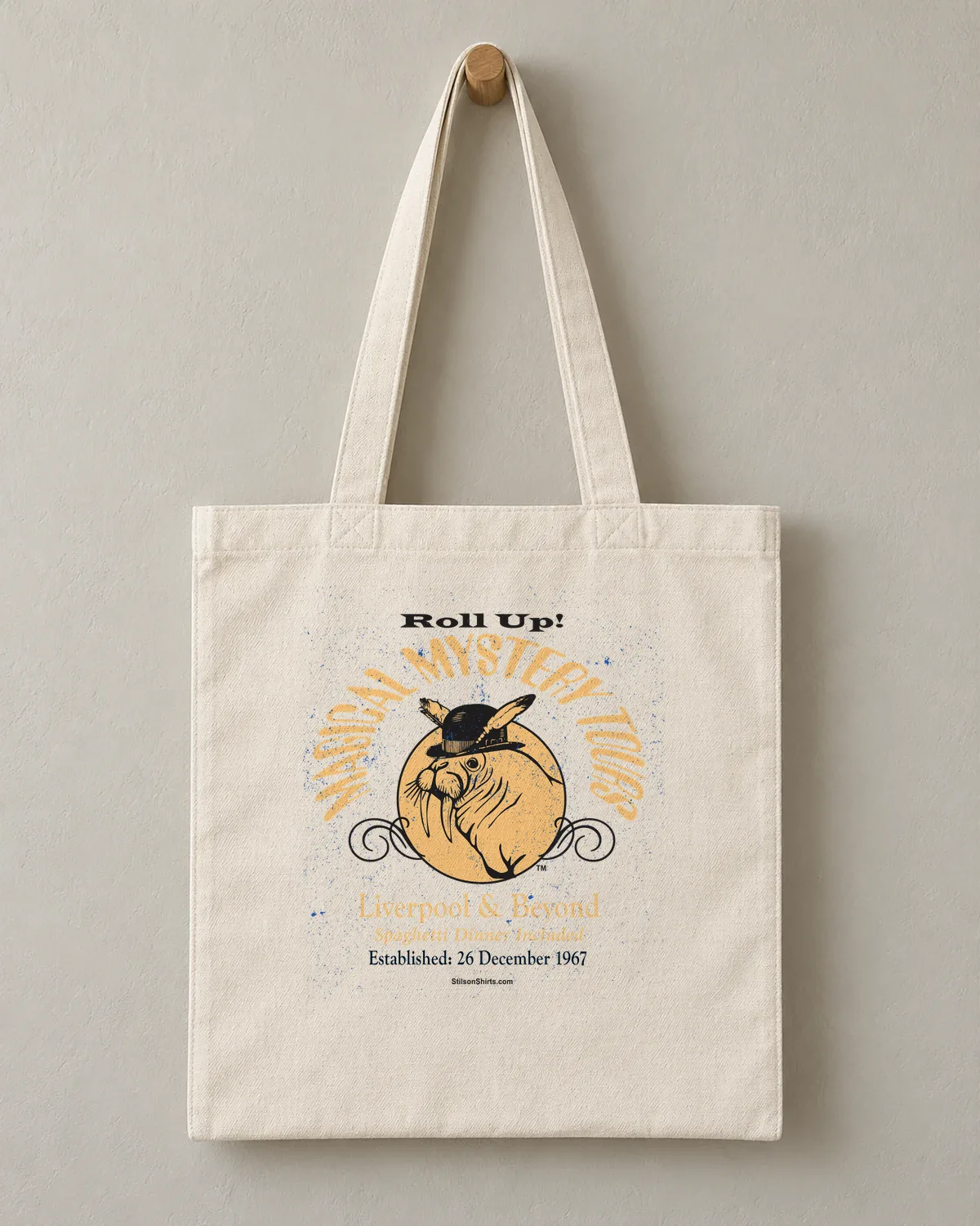 Walrus Mystery Tours tee on a cotton tote