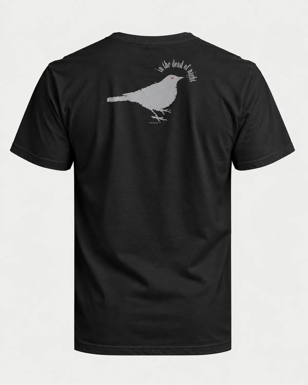 Night Bird tee on a black tee, back view