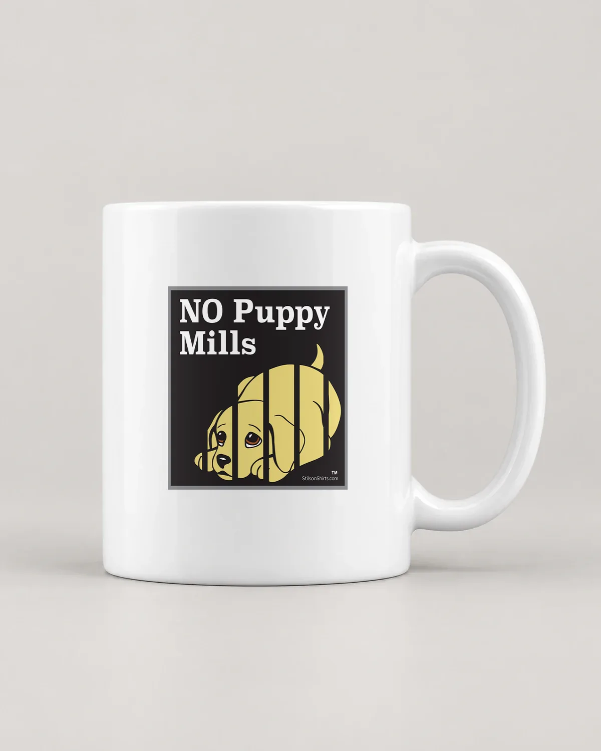 No Puppy Mills tee on a ceramic mug