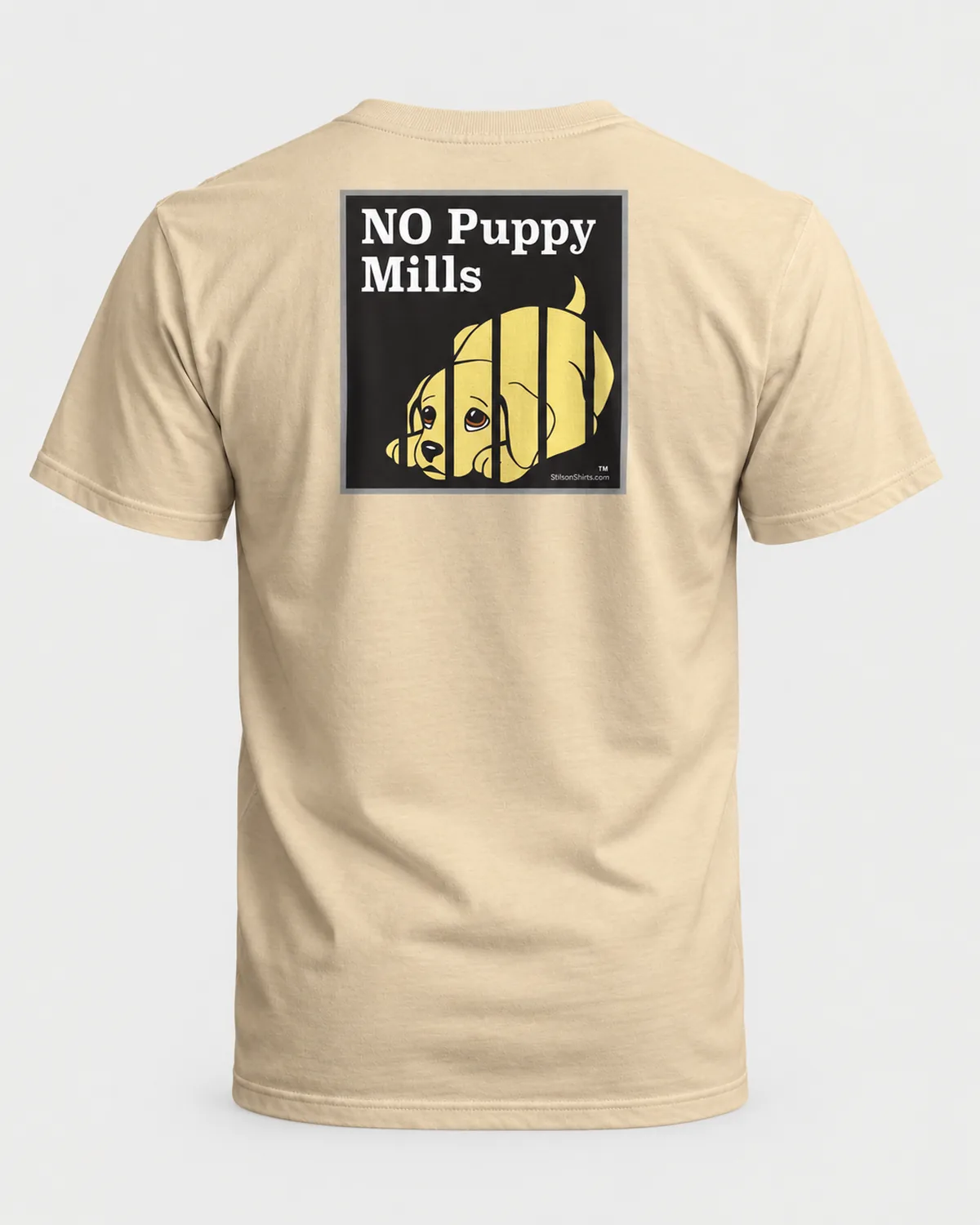 No Puppy Mills tee on a sand tee, back view