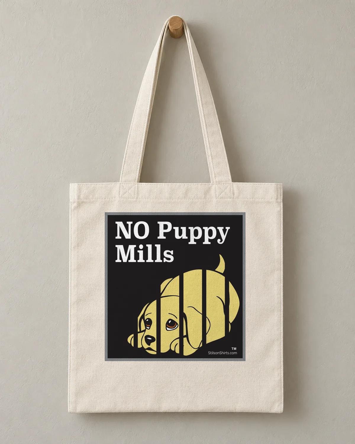 No Puppy Mills tee on a cotton tote