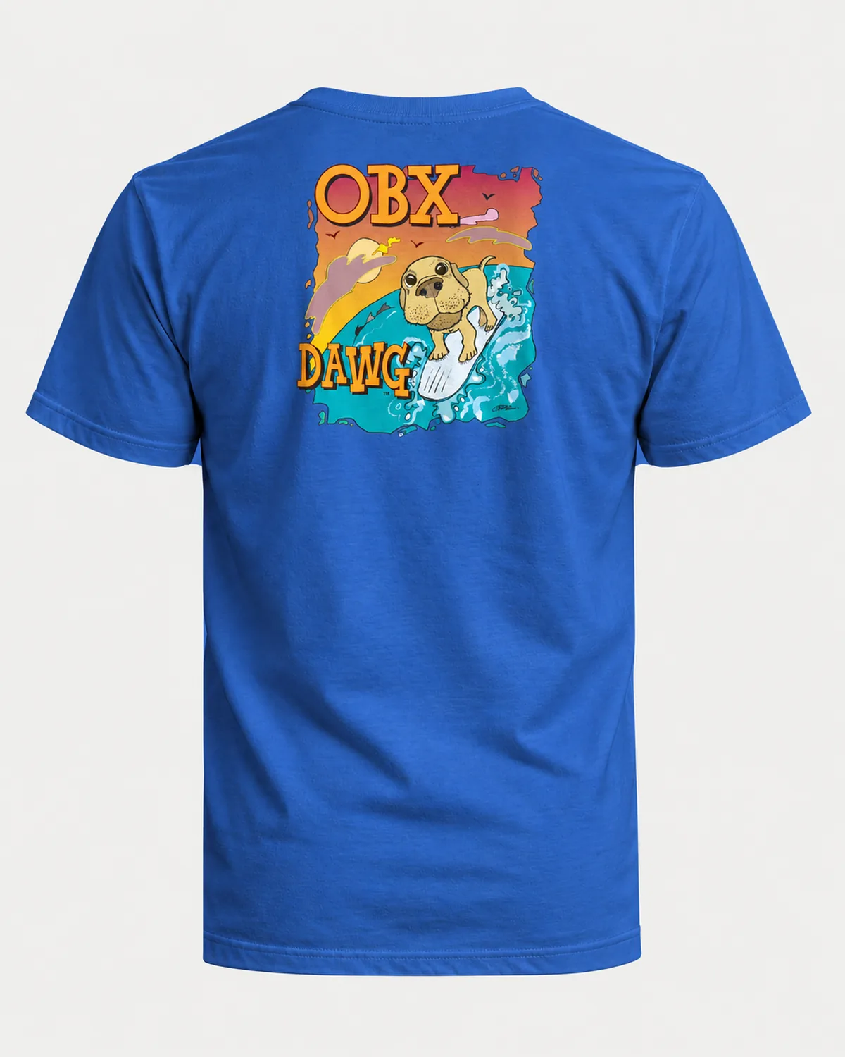 OBX Dawg tee on a royal tee, back view