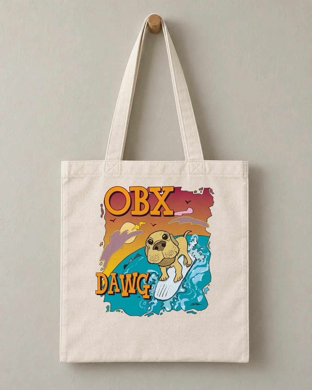 OBX Dawg tee on a cotton tote