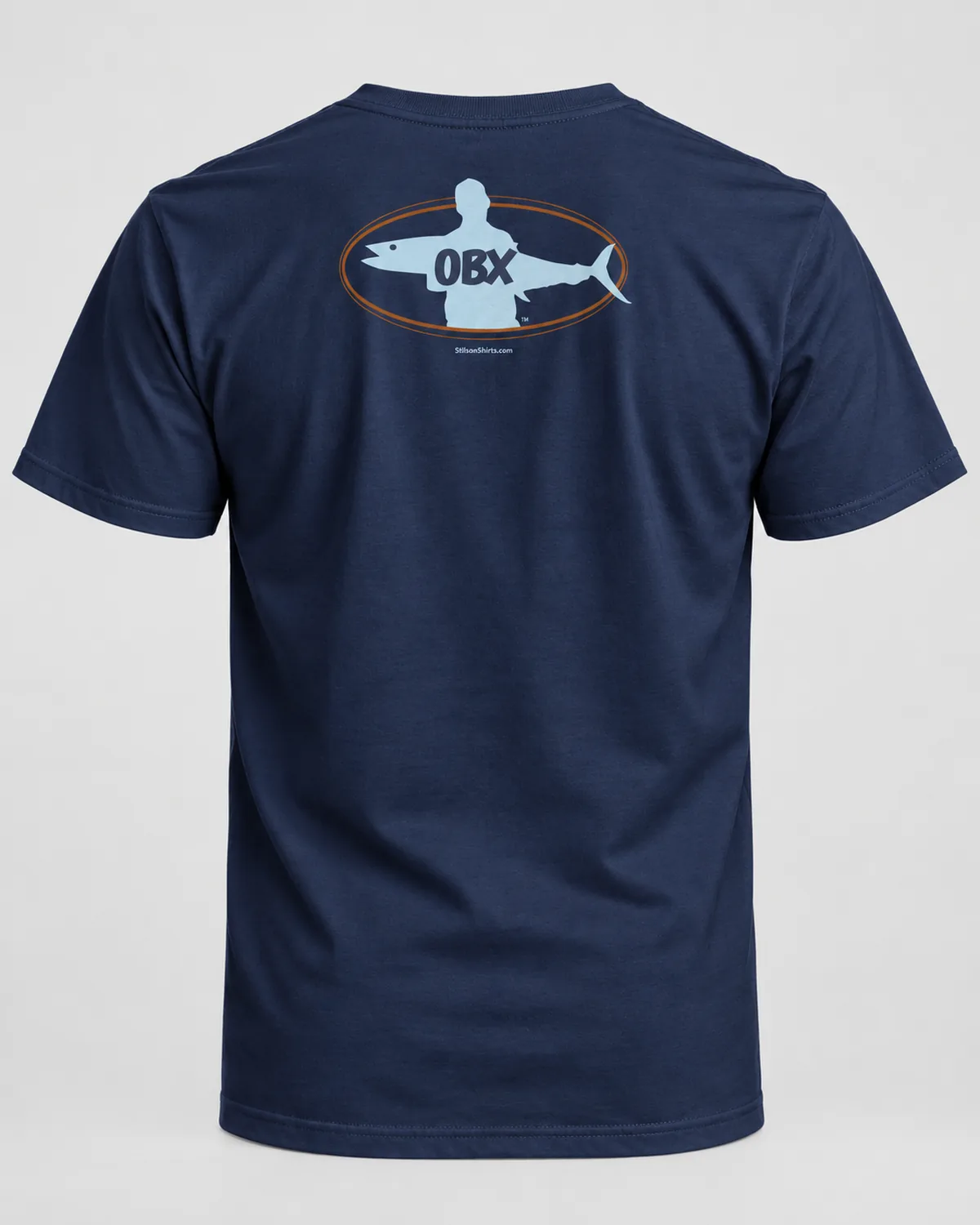 OBX Fish Oval tee on a navy tee, back view