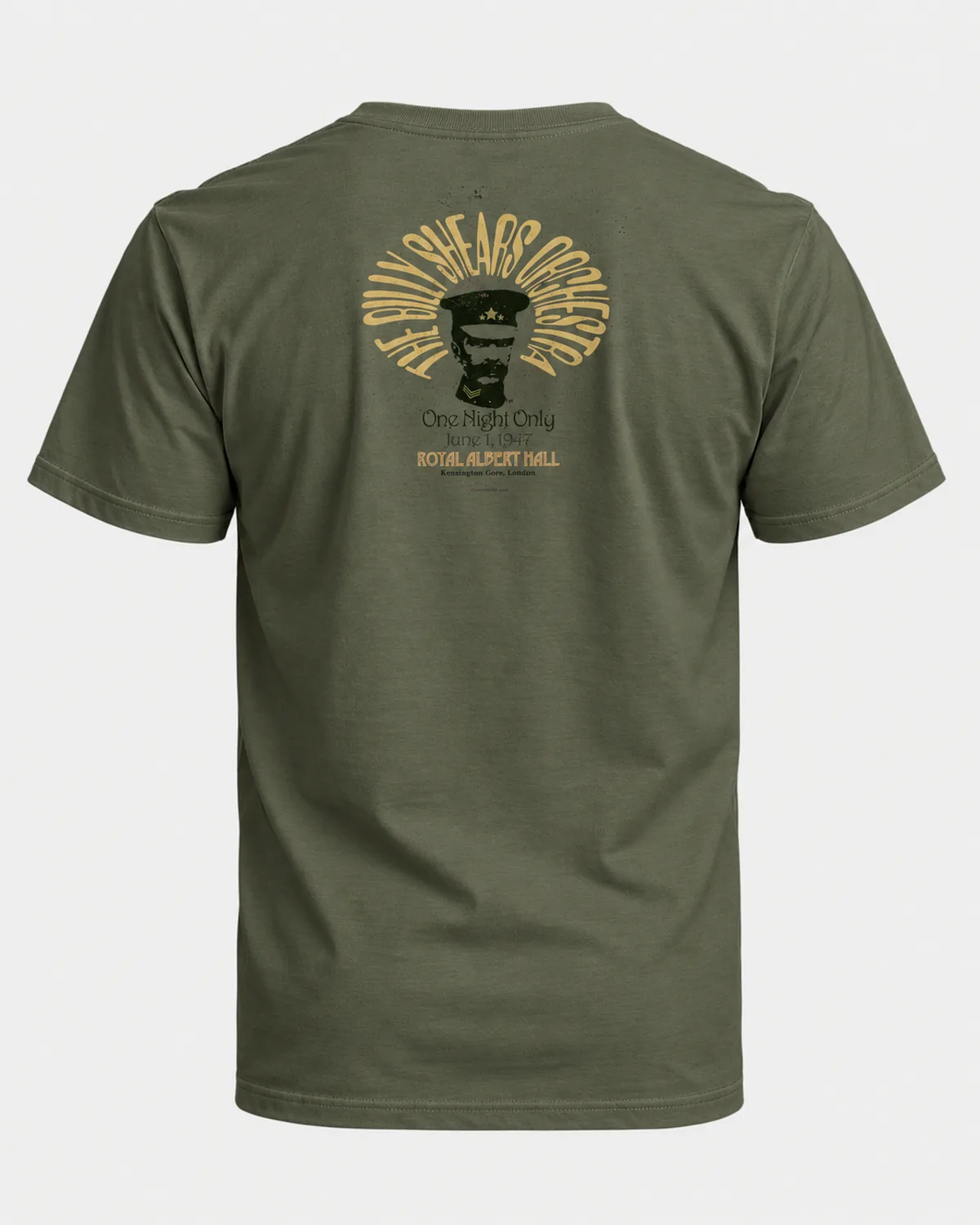 One Night Only Orchestra tee on a military green tee, back view