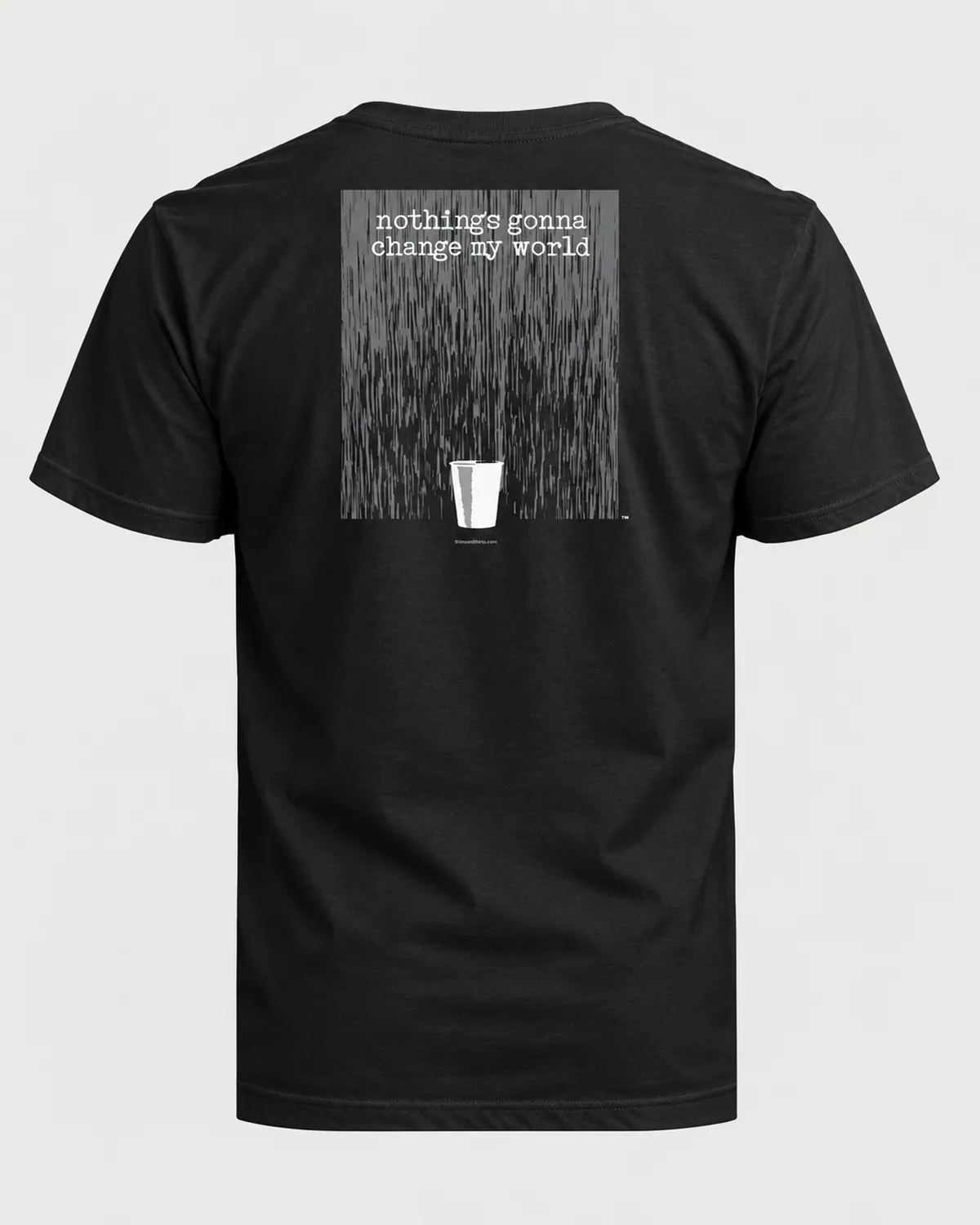 Paper Cup in the Rain tee on a black tee, back view
