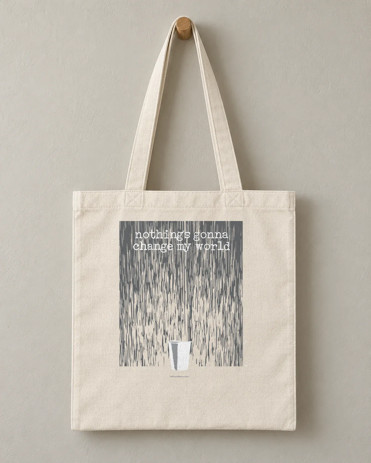 Paper Cup in the Rain tee on a cotton tote
