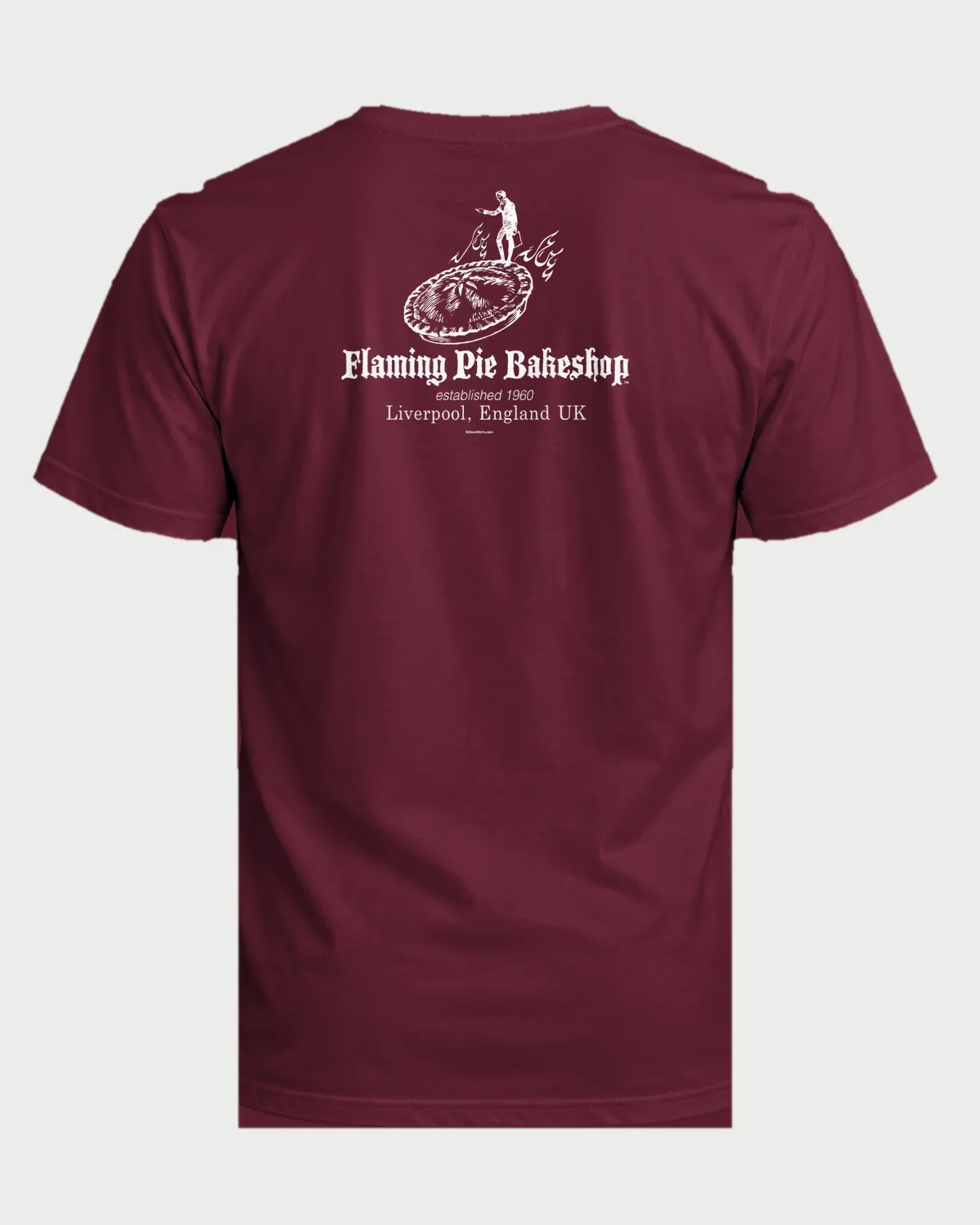 Liverpool Pie Bakeshop tee on a maroon tee, back view