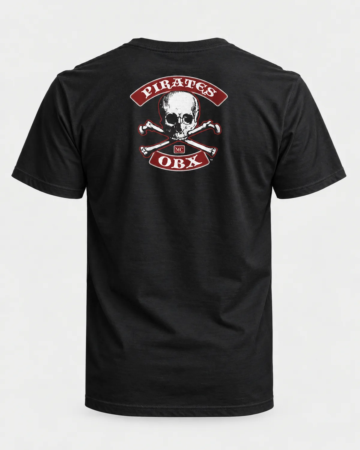 Pirates MC OBX tee (black) on a black tee, back view