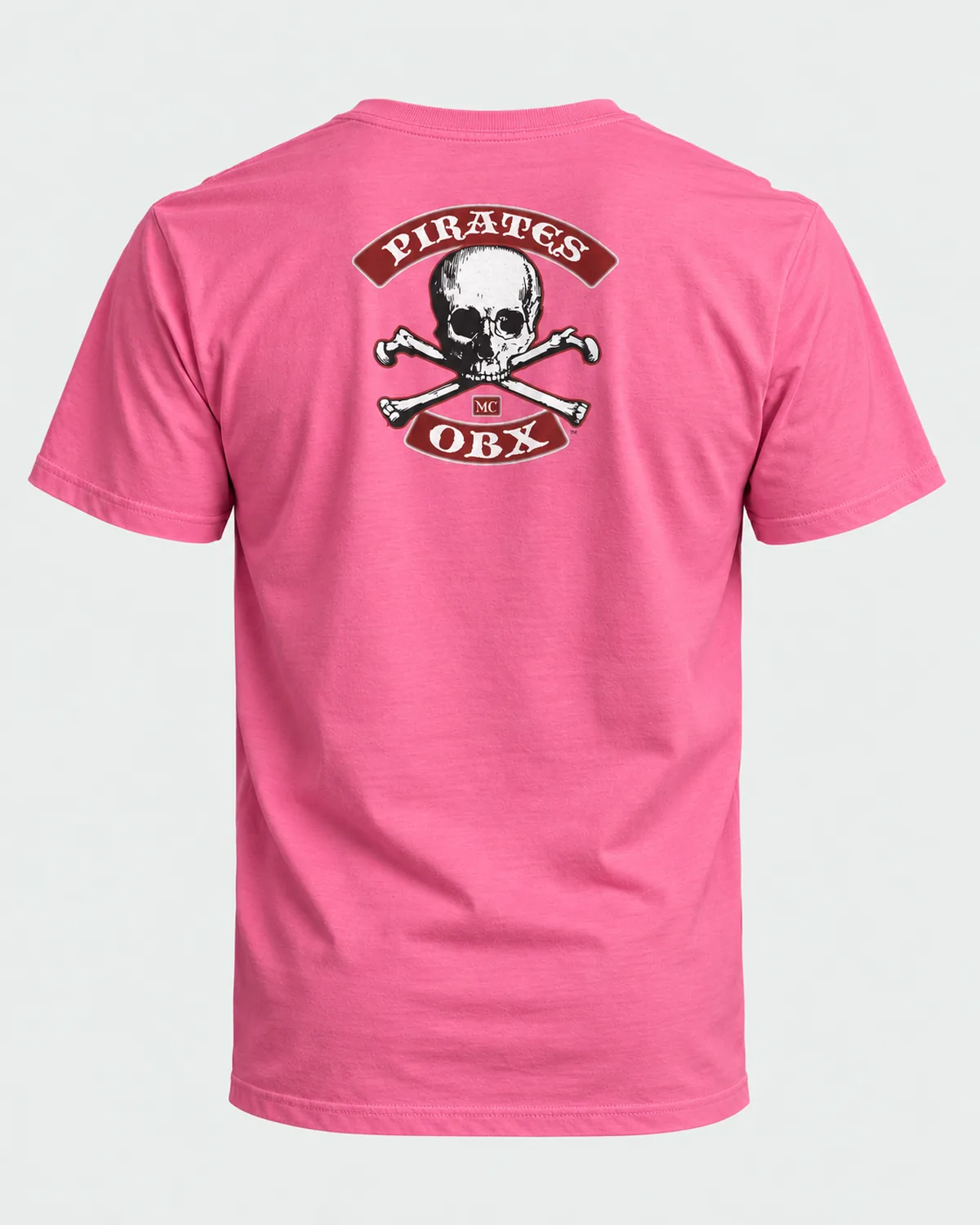 Pirates MC OBX tee (pink) on a safety pink tee, back view