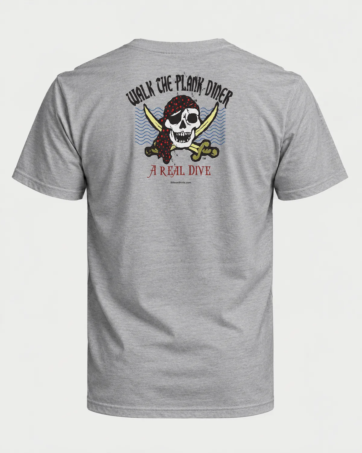 Walk the Plank Diner tee on a sport grey tee, back view