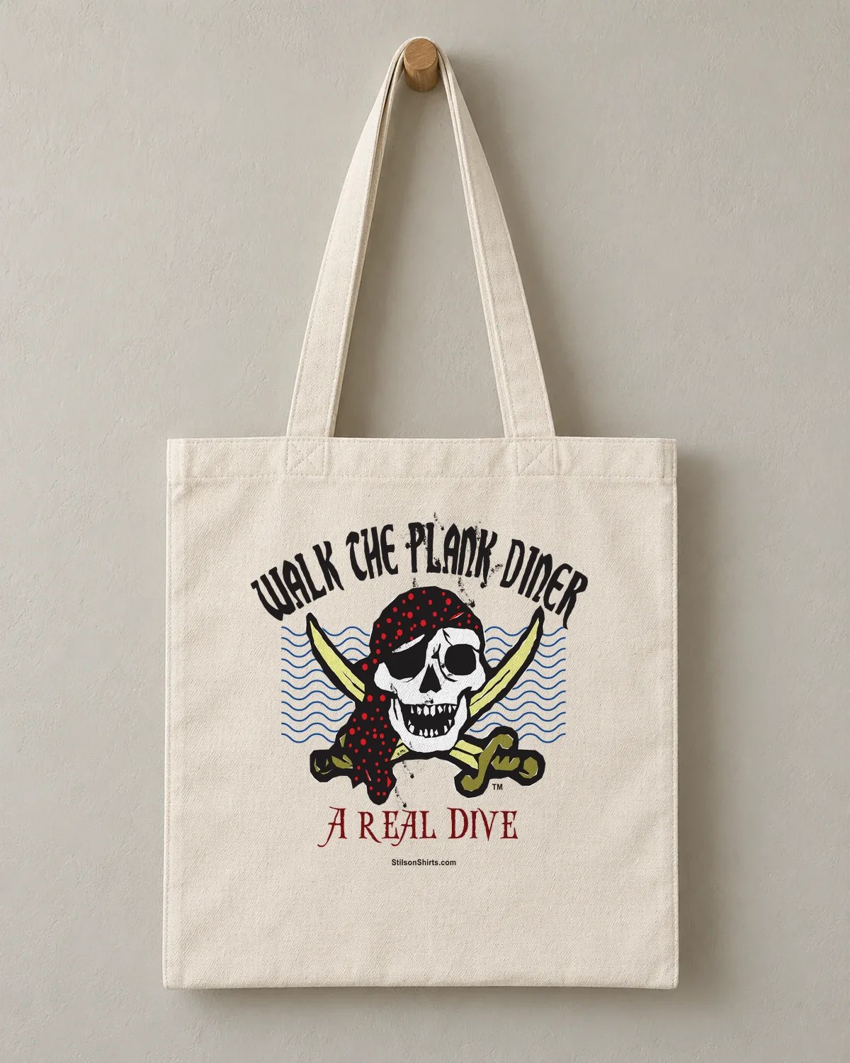 Walk the Plank Diner tee on a cotton tote