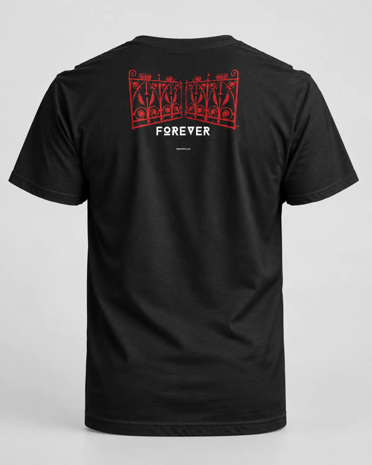Red Iron Gates tee on a black tee, back view