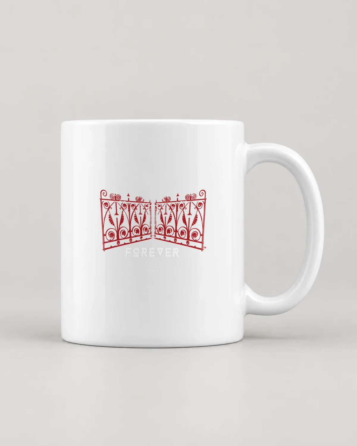 Red Iron Gates tee on a ceramic mug