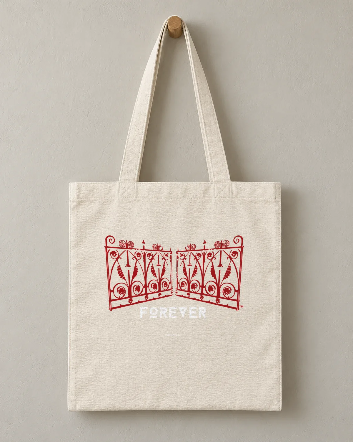 Red Iron Gates tee on a cotton tote
