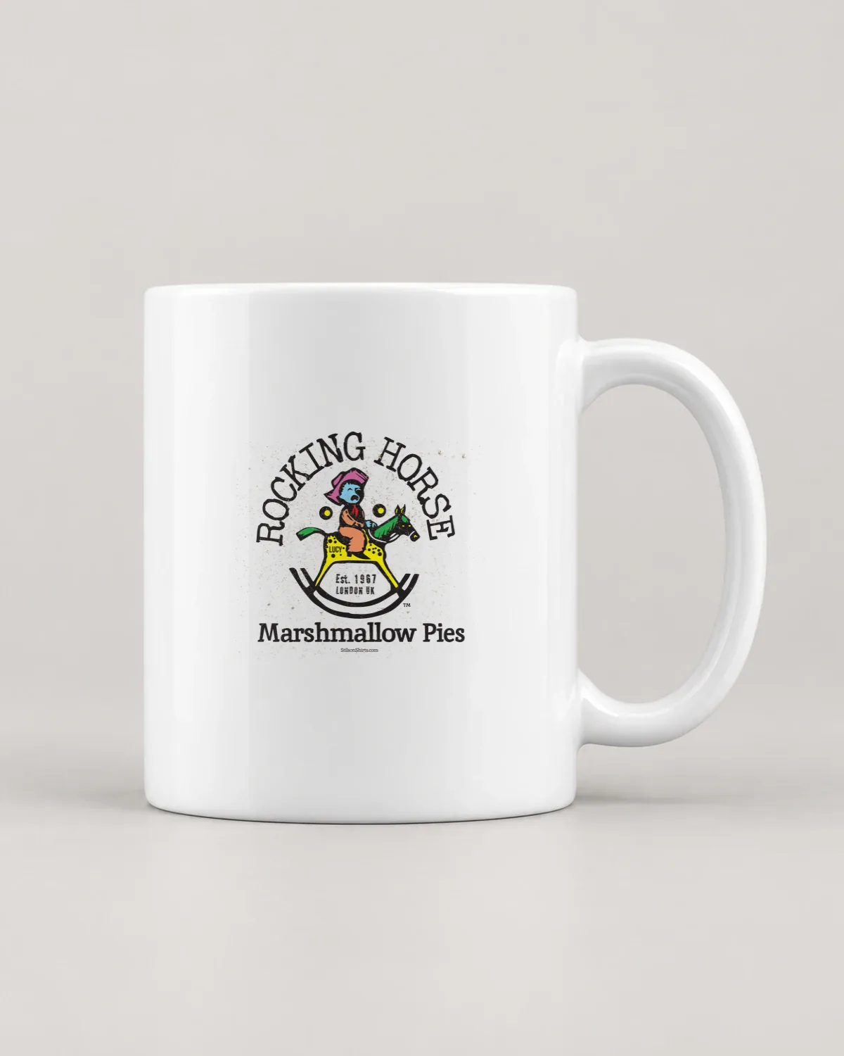 Rocking Horse Pies tee on a ceramic mug