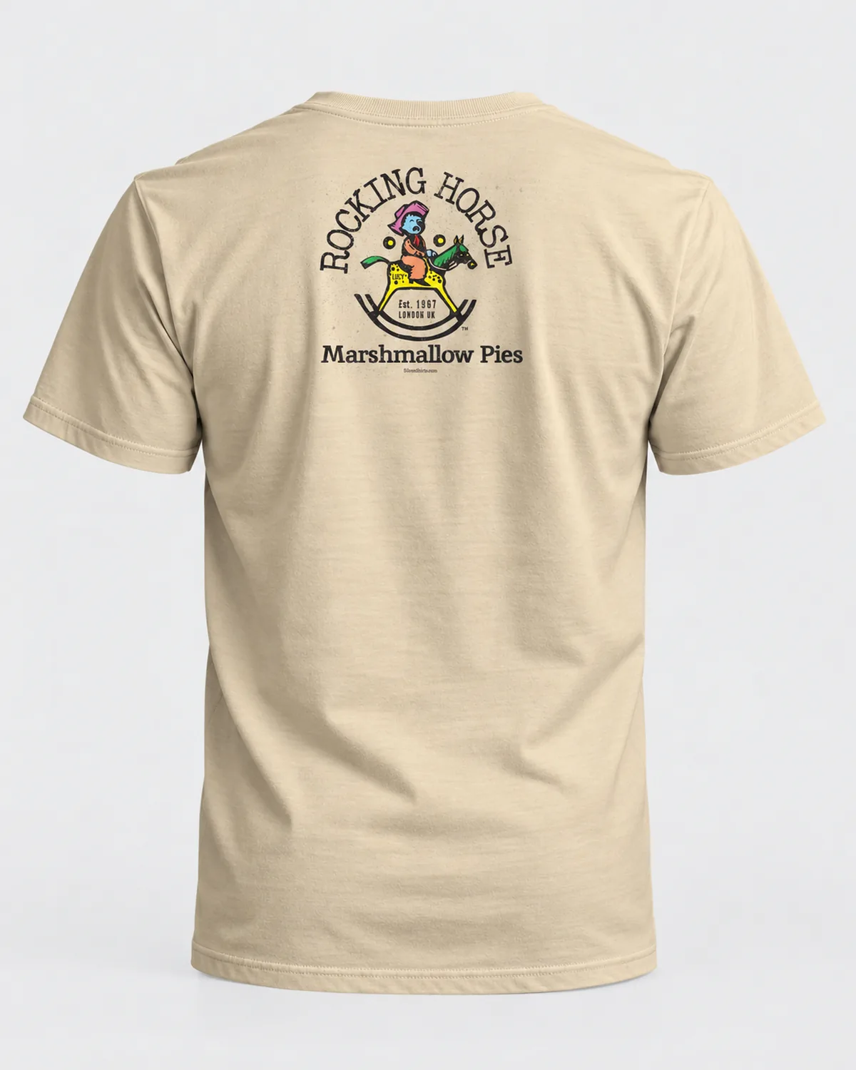 Rocking Horse Pies tee on a sand tee, back view