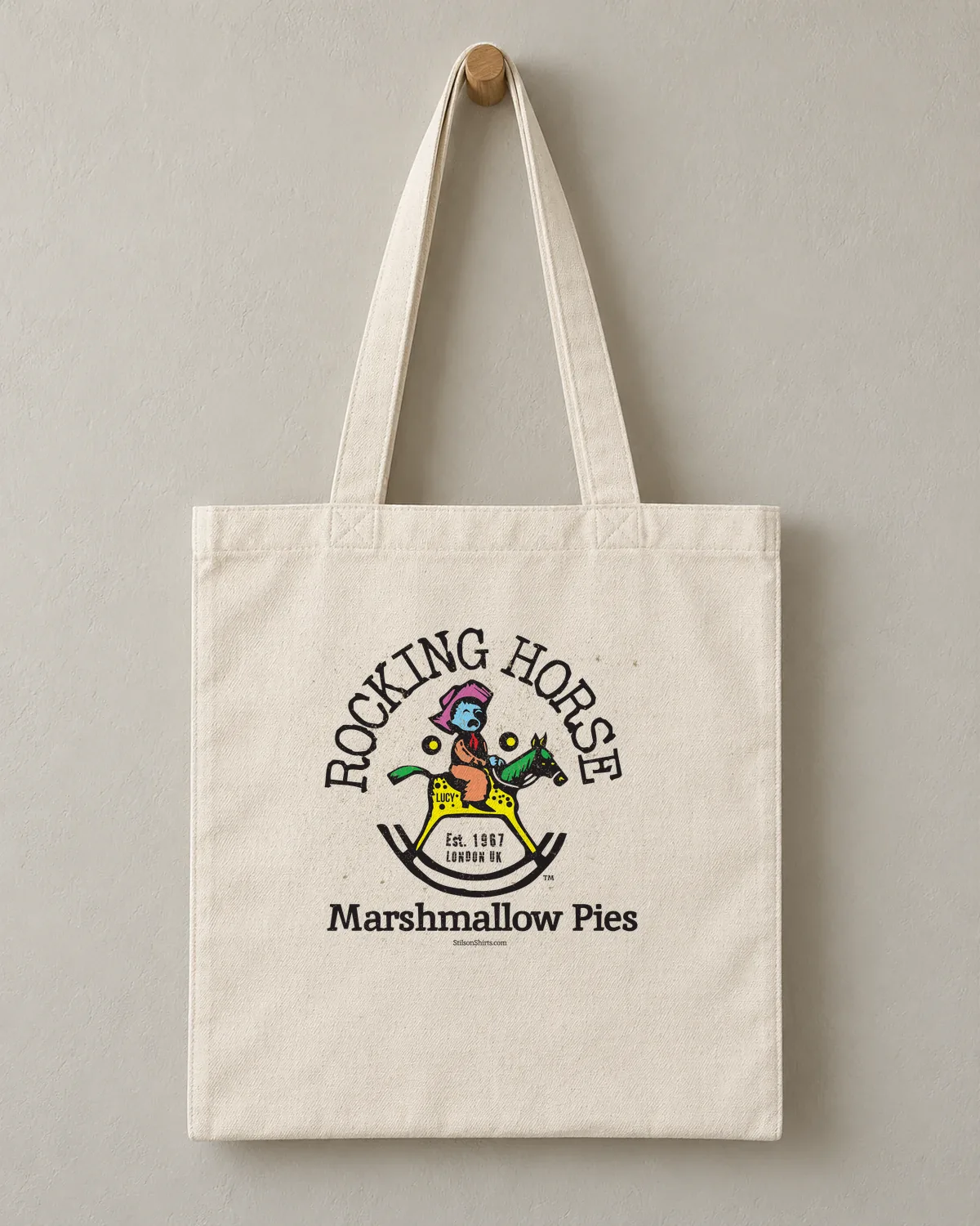 Rocking Horse Pies tee on a cotton tote