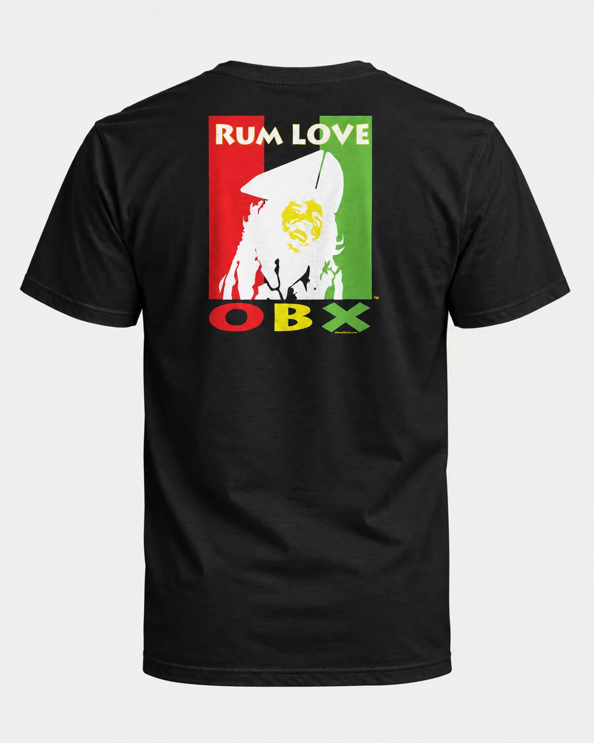 Rum Love OBX tee on a black tee, back view