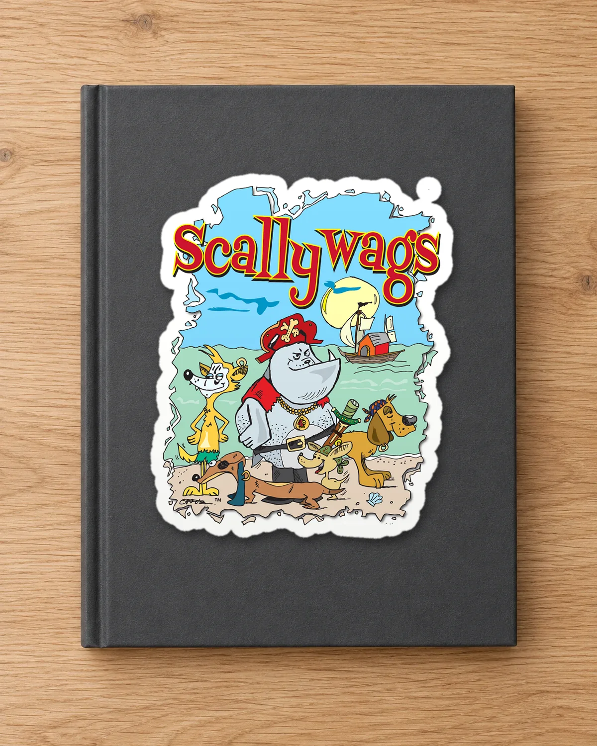 Scallywags tee on a die-cut sticker
