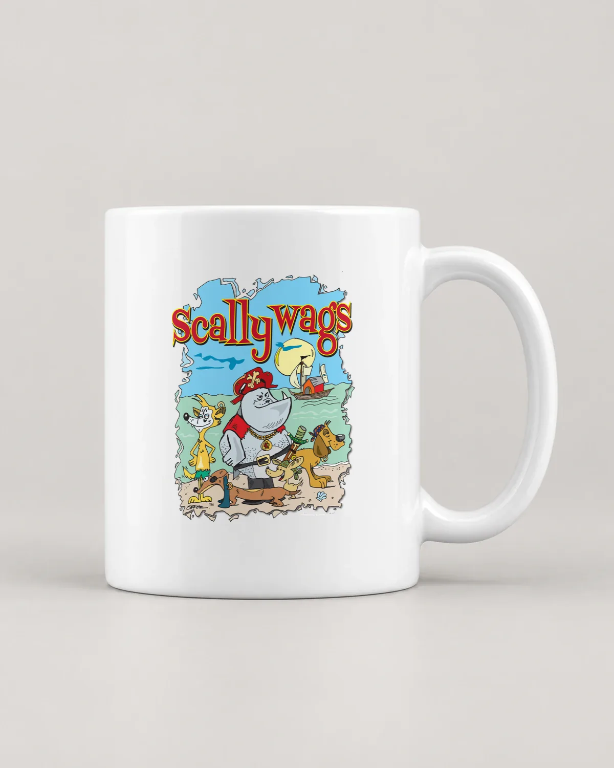 Scallywags tee on a ceramic mug