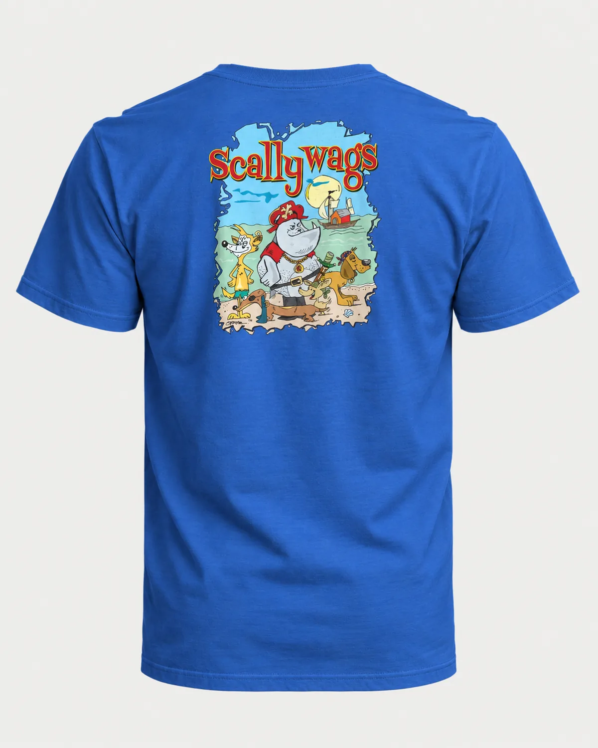 Scallywags tee on a royal tee, back view