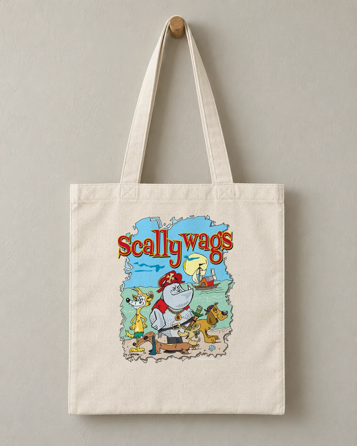 Scallywags tee on a cotton tote