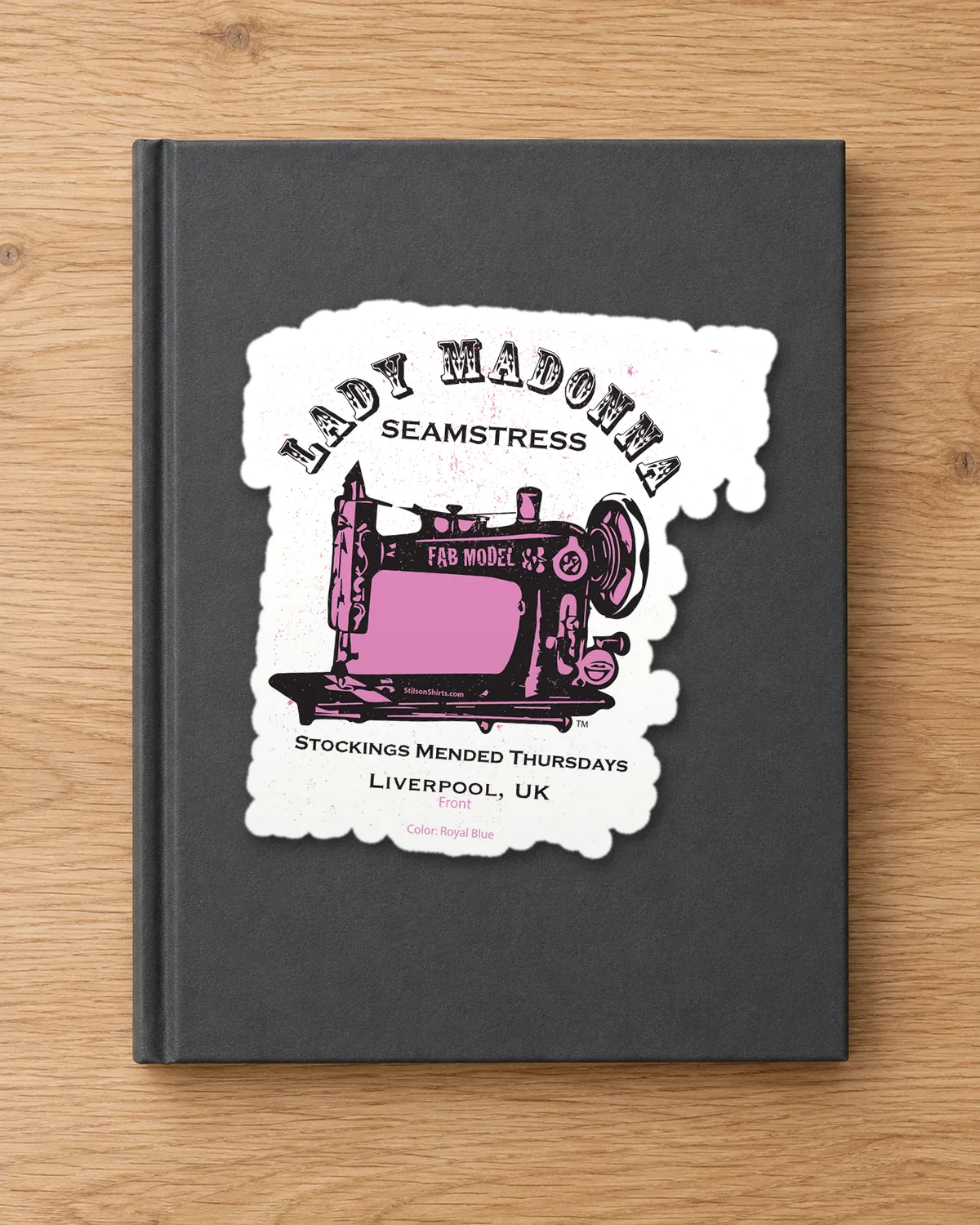 Seamstress Sewing Machine tee on a die-cut sticker