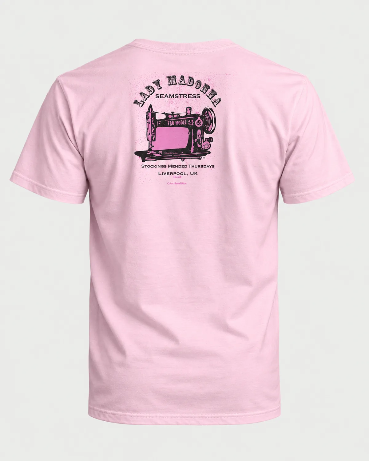 Seamstress Sewing Machine tee on a light pink tee, back view
