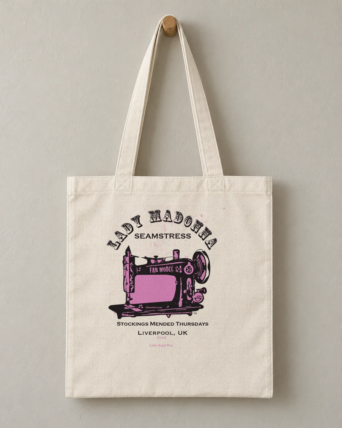 Seamstress Sewing Machine tee on a cotton tote