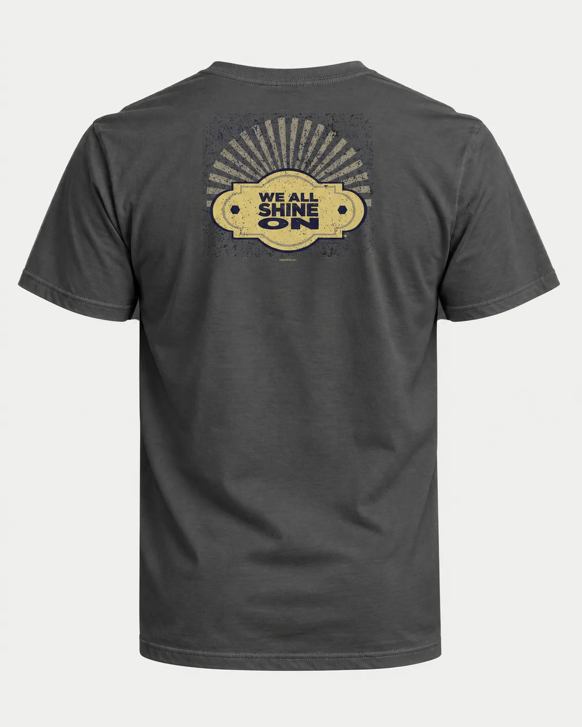 We All Shine On tee on a charcoal tee, back view