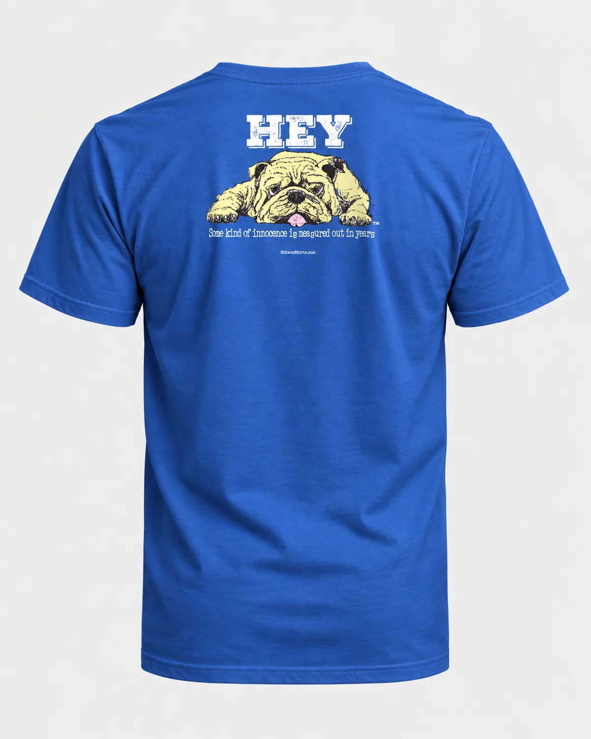 Sleepy Bulldog tee on a royal tee, back view
