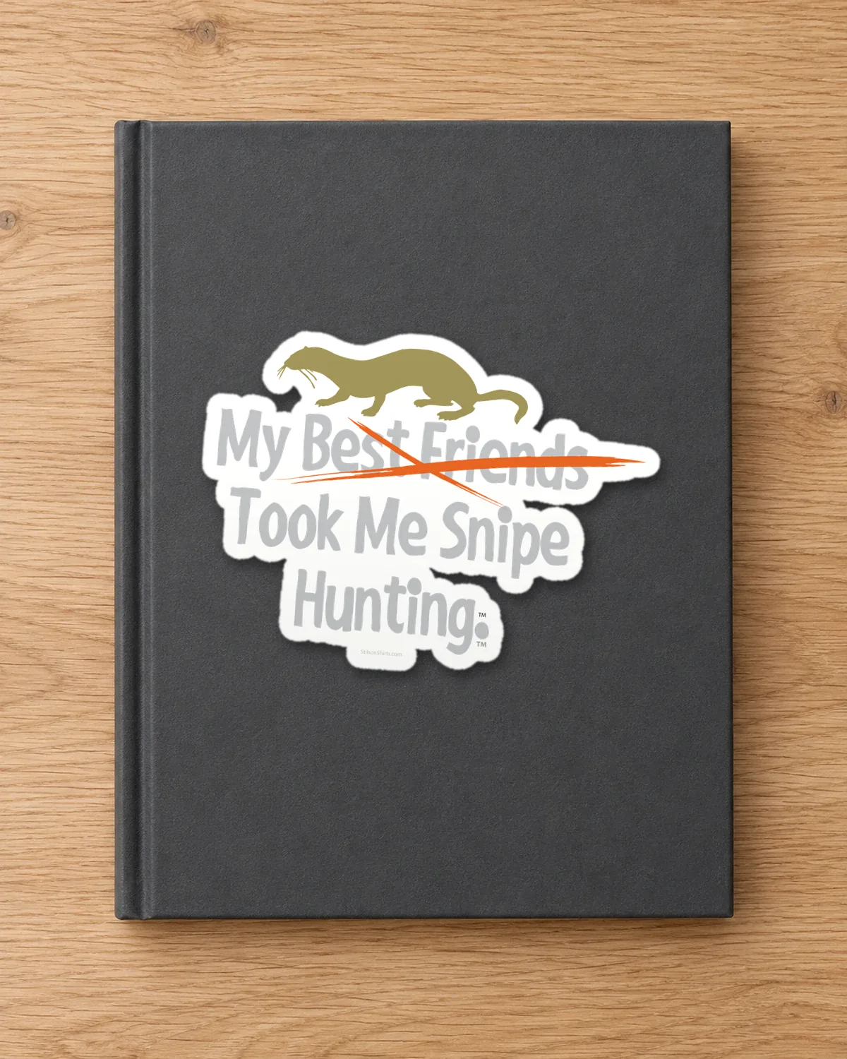 Snipe Hunting tee on a die-cut sticker