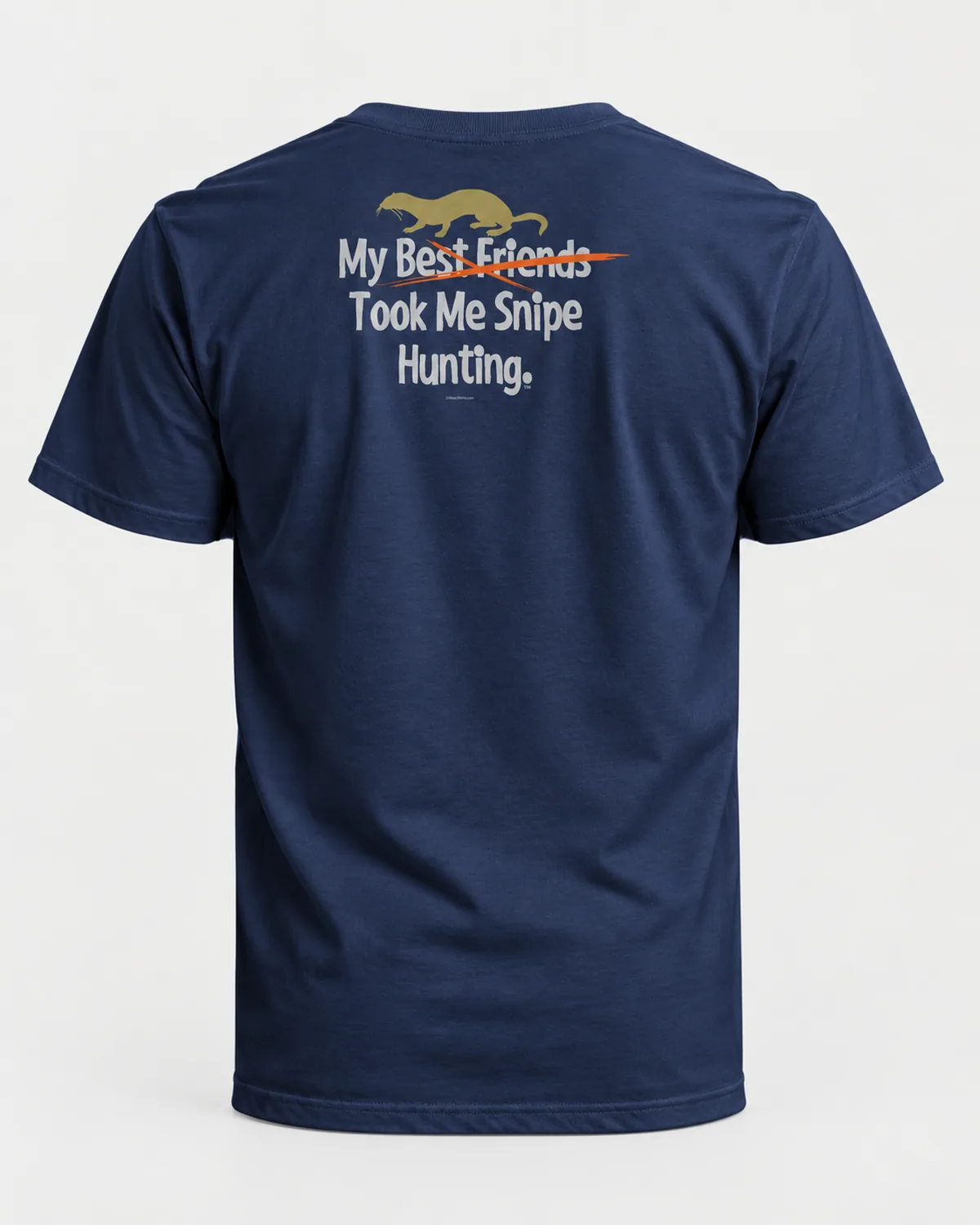 Snipe Hunting tee on a navy tee, back view