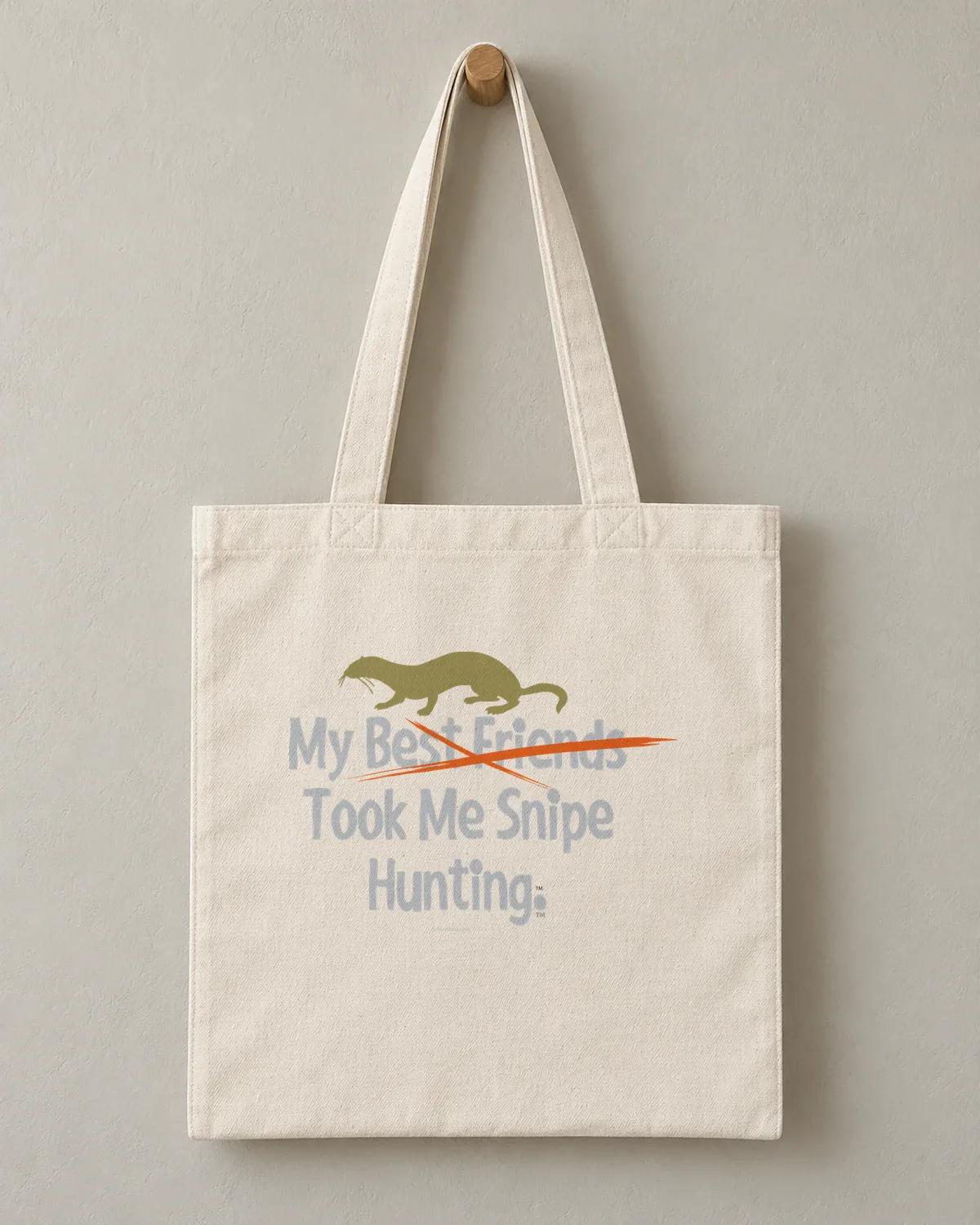 Snipe Hunting tee on a cotton tote