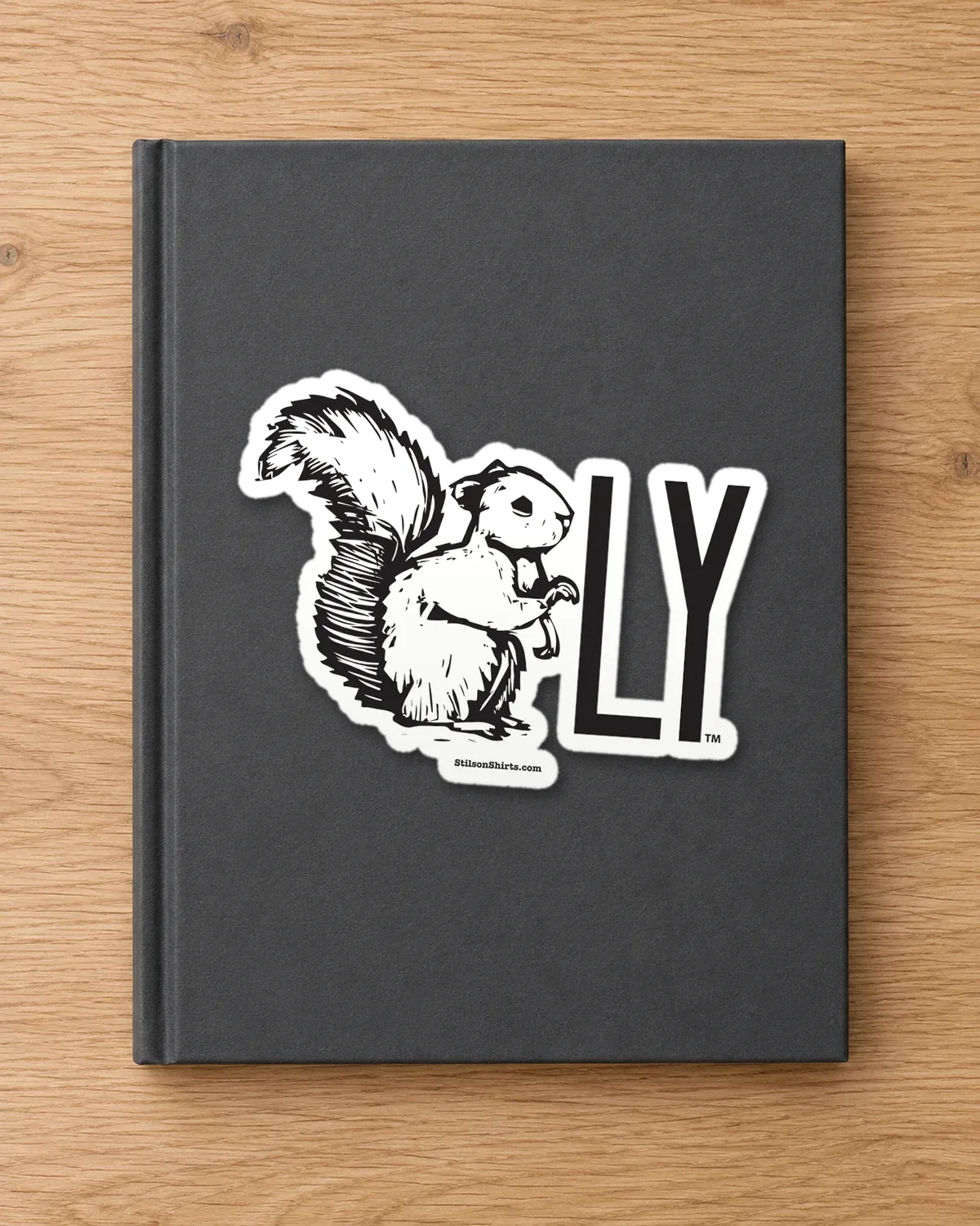 Squirrel-LY tee on a die-cut sticker