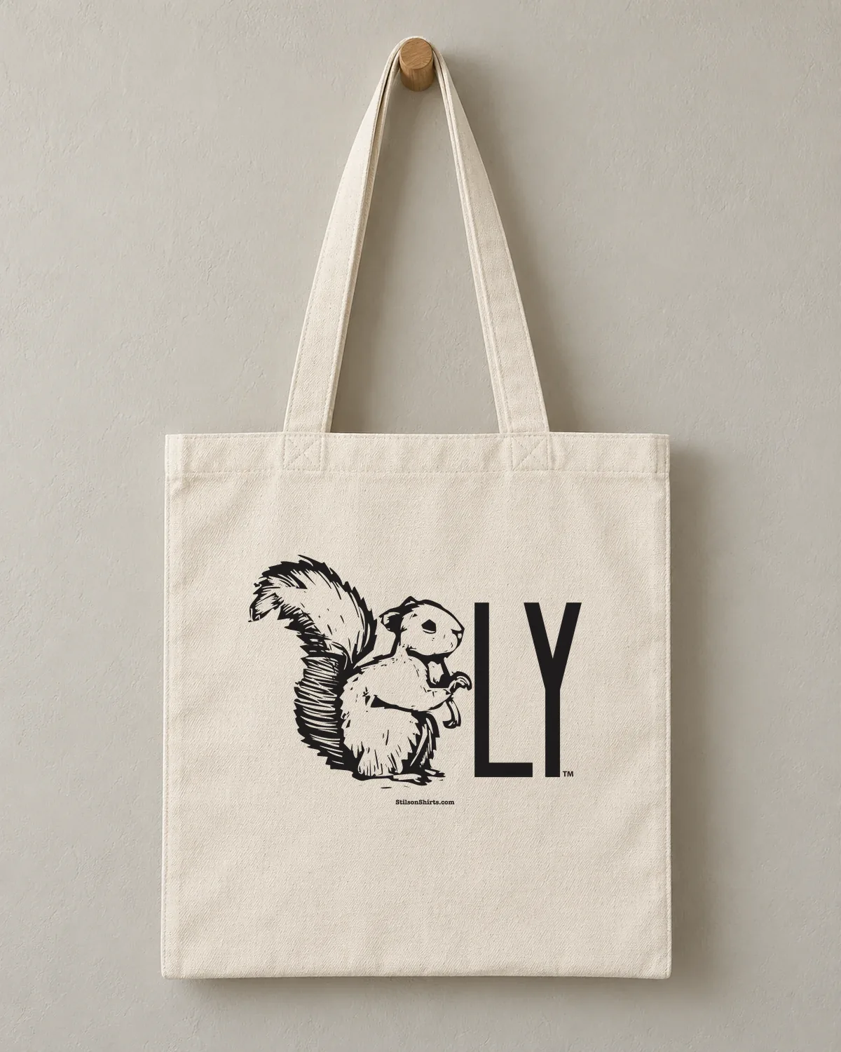 Squirrel-LY tee on a cotton tote