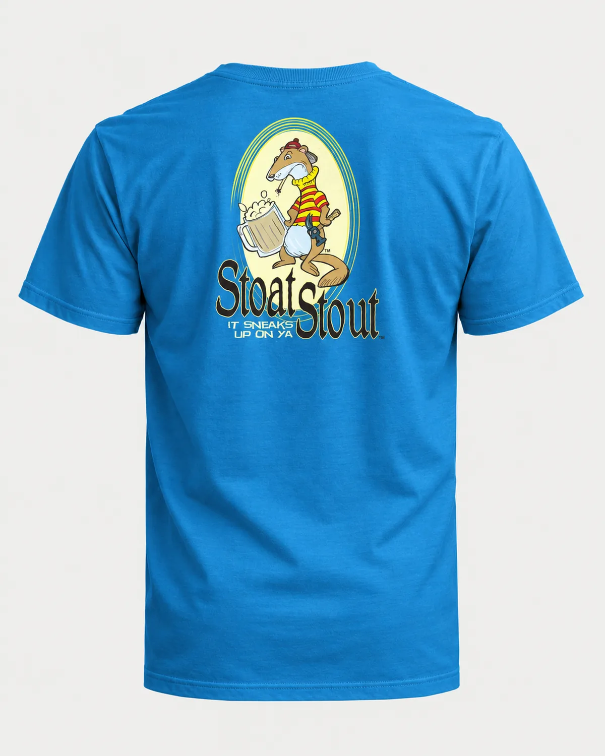 Stoat Stout tee on a sapphire tee, back view