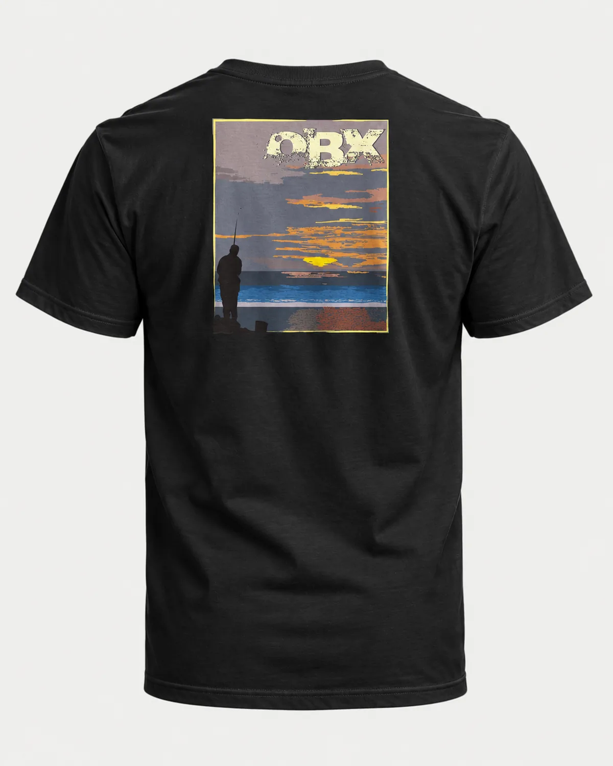 OBX Sunrise Fishing tee on a black tee, back view