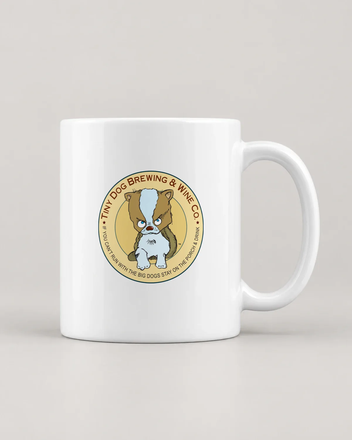 Tiny Dog Brewing & Wine Co. tee on a ceramic mug